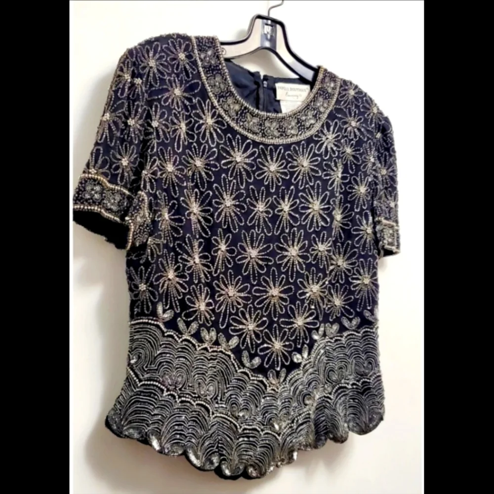 TWILIGHT- Vintage Black and Silver Sequin Top - Picture 2 of 4